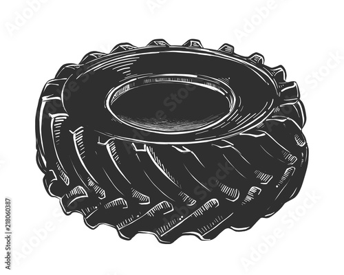 Vector engraved style illustration for posters, decoration and print. Hand drawn sketch of training tire in monochrome isolated on white background. Detailed vintage woodcut style drawing.
