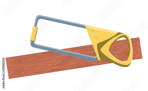 Hand saw and wood board over white background, vector illustration