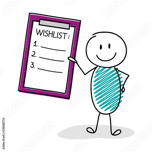 Funny stickman holding clipboard with wishlist and copyspace. Vector