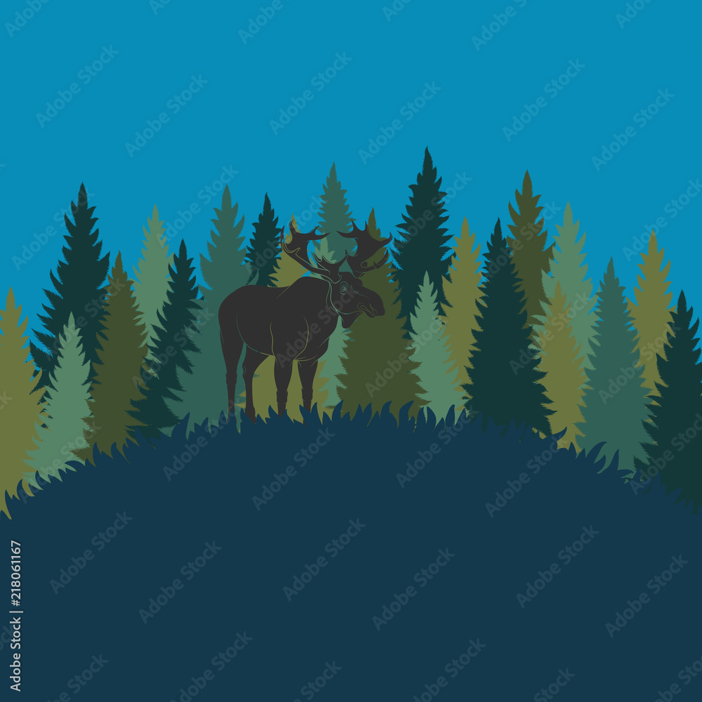Forest landscape with elk and forest of fir trees. Vector color background. Forest landscape with elk and forest of fir trees. Vector color background.