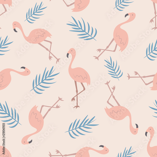 Beach tropical seamless pattern with flamingos
