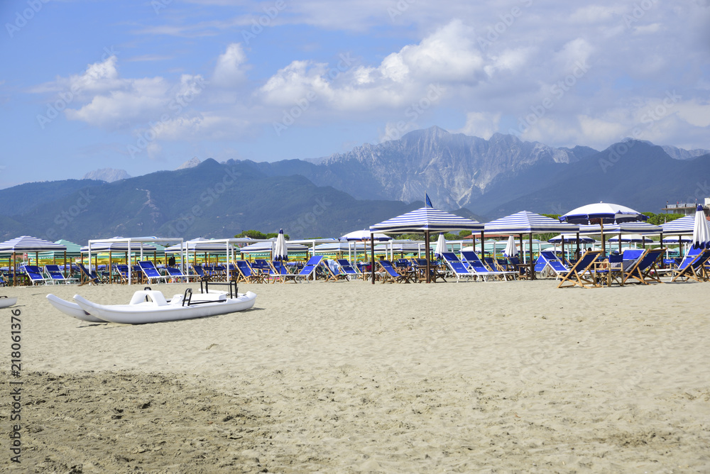 View on the Alpi Apuane from the beach of Versilia (Mediterranean Sea), Viareggio, Tuscany, Italy