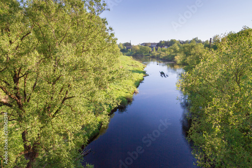 The river in the spring with a thick bushy trees on the shore