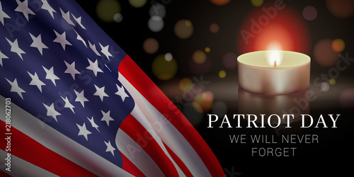 Vector banner template for Patriot Day: National Day of Prayer and Remembrance for 9/11 Victims. Features American flag, candle, and text on a dark blue background.
