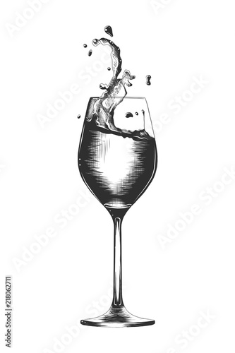 Vector engraved style illustration for posters, decoration and print. Hand drawn sketch of a a glass of wine with a splash, monochrome isolated on white background. Detailed vintage woodcut style