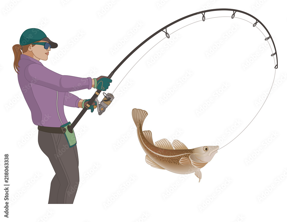 angling fishing, fisher-woman catching fish using fishing pole and lure,  isolated on a white background Stock Vector