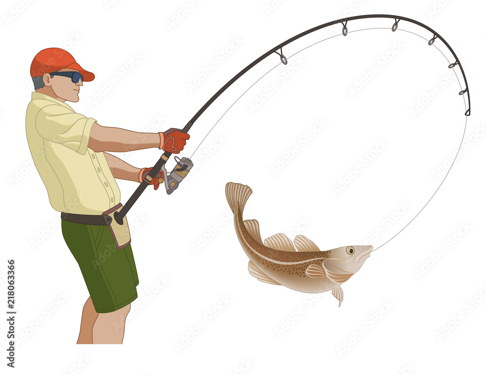 angling fishing, fisherman catching fish using fishing pole and