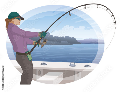 angling fishing, fisherwoman catching fish from boat using fishing pole