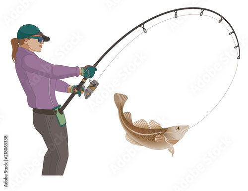 angling fishing, fisher-woman catching fish using fishing pole and lure, isolated on a white background