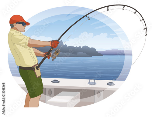 angling fishing, fisherman catching fish from boat using fishing pole