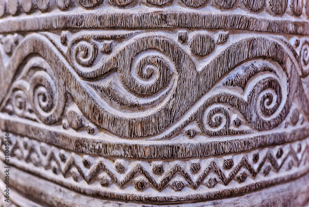 Detail of a wooden carved.  Old and vintage wooden part decorative panel. Handcrafted beautiful wooden carved.  Wooden pattern for decor. Intricate  wood crafted design. Abstract background.