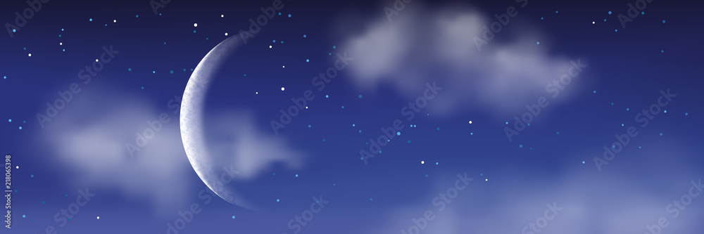 Vector realistic illustration of night cloudscape. Moon, stars, clouds on blue sky. Romantic landscape background - obrazy, fototapety, plakaty 