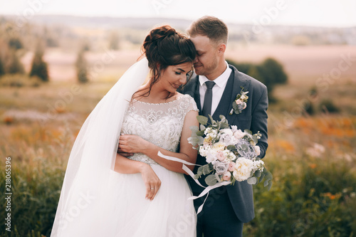 Bride and groom in a park kissing.couple newlyweds bride and groom at a wedding in nature green forest are kissing photo portrait.Wedding Couple