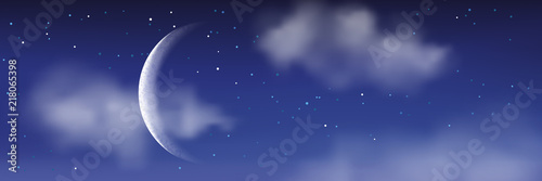 Vector realistic illustration of night cloudscape. Moon, stars, clouds on blue sky. Romantic landscape background