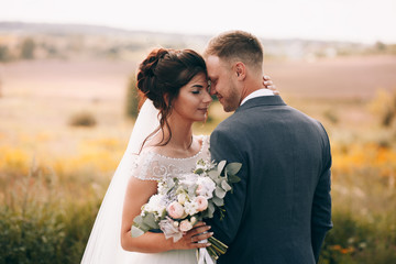 Bride and groom in a park kissing.couple newlyweds bride and groom at a wedding in nature green forest are kissing photo portrait.Wedding Couple