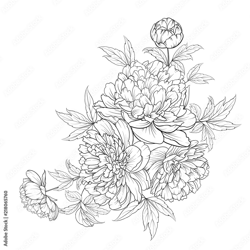 Spring flowers bouquet of contour style flower garland. Label with peony flowers. Vector illustration.