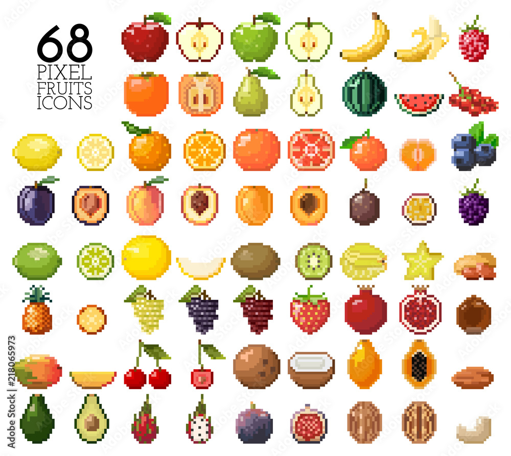 Big collection of pixel fruits, berries and nuts. Old style 8 bit icons