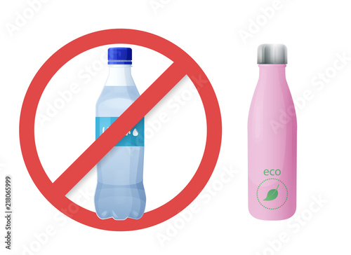 Reusable water bottle instead of plastic bottle. Zero waste tips. Eco and healthy lifestyle. Stop using plastic