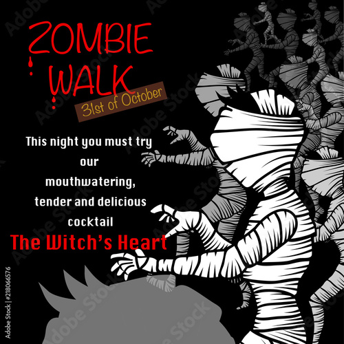 walking black and white mummy character  Halloween invitation. Zombie walk concept. vector