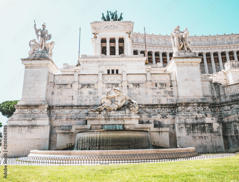 Fototapeta premium Fountain details, Il Vittoriano in Piazza Venezia, Italy. It's the central hub of Rome, Italy, in which several thoroughfares intersect