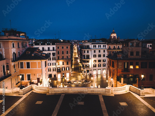 Spanish Steps in Rome, Italy. Piazza di Spagna at night. There are nobody of tourists. View from top.