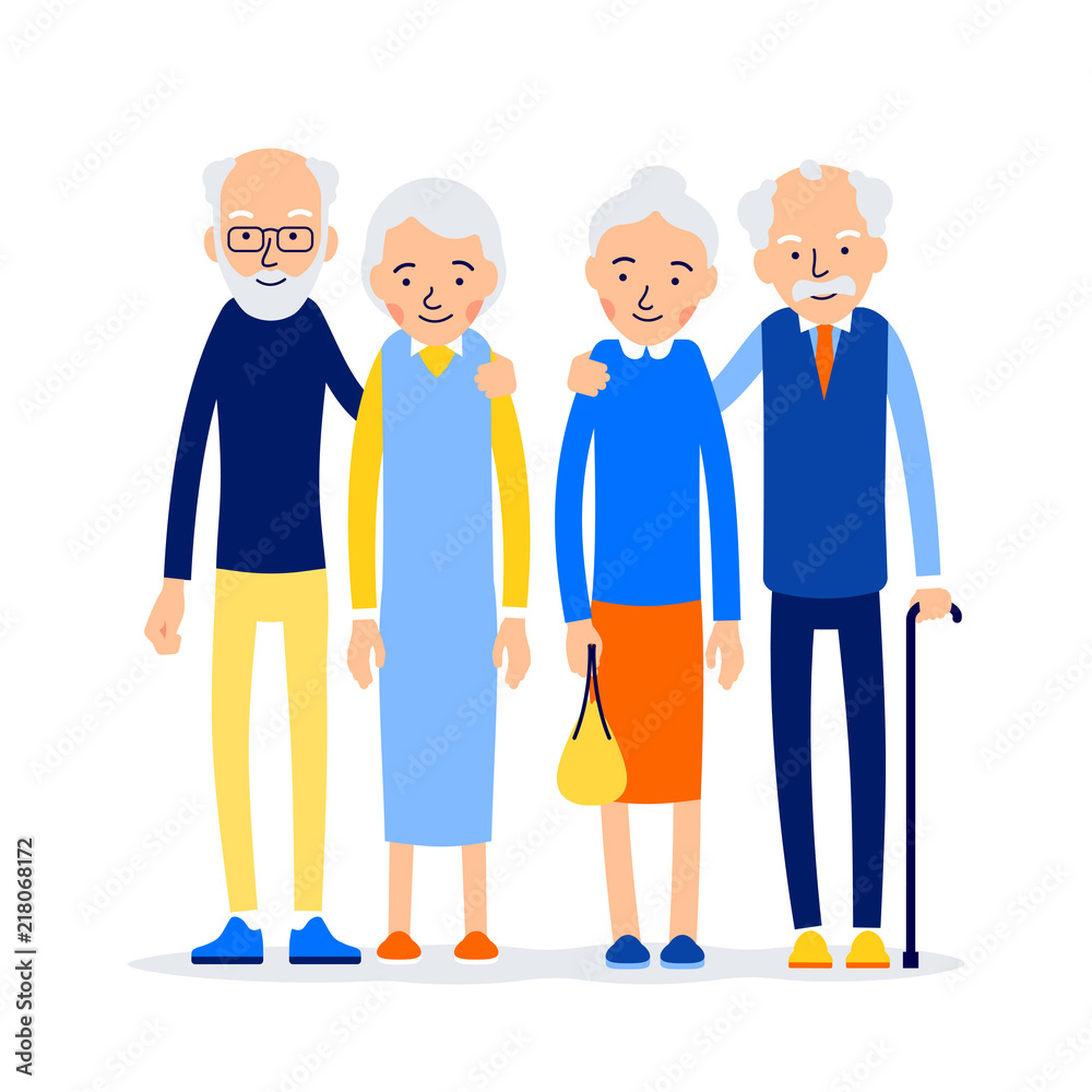 Couple older people. Two aged people stand. Elderly man and woman stand together and hug each other. Illustration isolated on white background in flat style