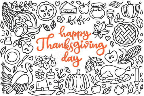 Happy thanksgiving day poster with greetings lettering and doodle illustration of celebration dinner, turkey, autumn harvest, pumpkin, apple pie, cornucopia. Hand drawn black line art, cartoon style.