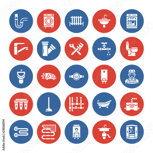 Plumbing service vector flat glyph icons. House bathroom equipment, faucet, toilet, pipeline, washing machine, dishwasher. Plumber repair illustration, solid signs for handyman services.