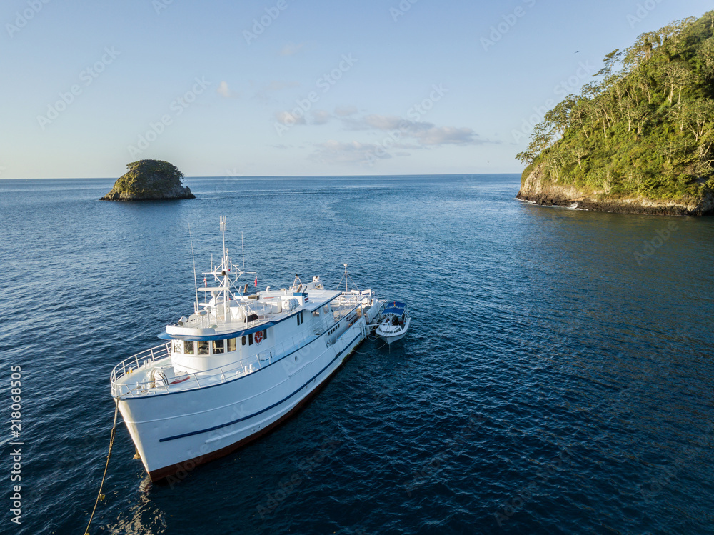 Drone view on a boat at Cocos Island