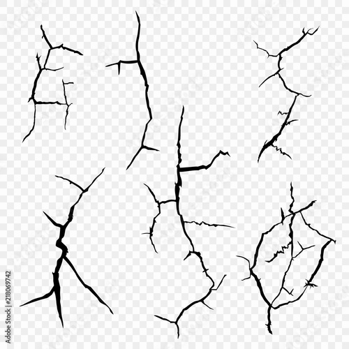 Vector set of cracks in the surface. The elements of a fault in the earth, isolated on a transparent background.