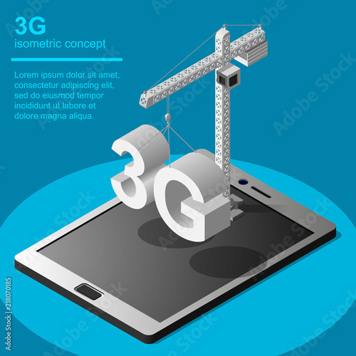 3G broadband cellular network technology installation vector icon. Isometric concept includes tablet, tower crane and 3G symbol.