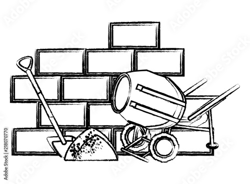 concrete mixer and wall icon over white background, vector illustration