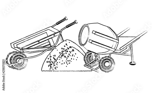 concrete mixer and wheelbarrow icon over white background, vector illustration