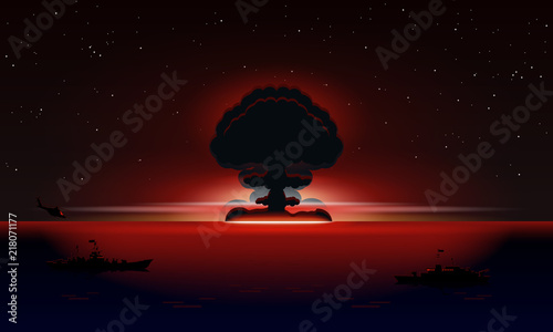 Nuclear explosion at sea vector illustration. International day against nuclear tests.