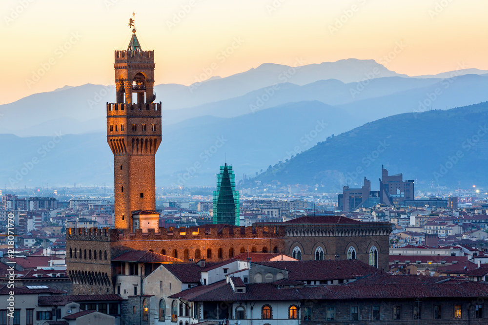 Palazzo Vecchio at sunset in the city of Florence in Italy