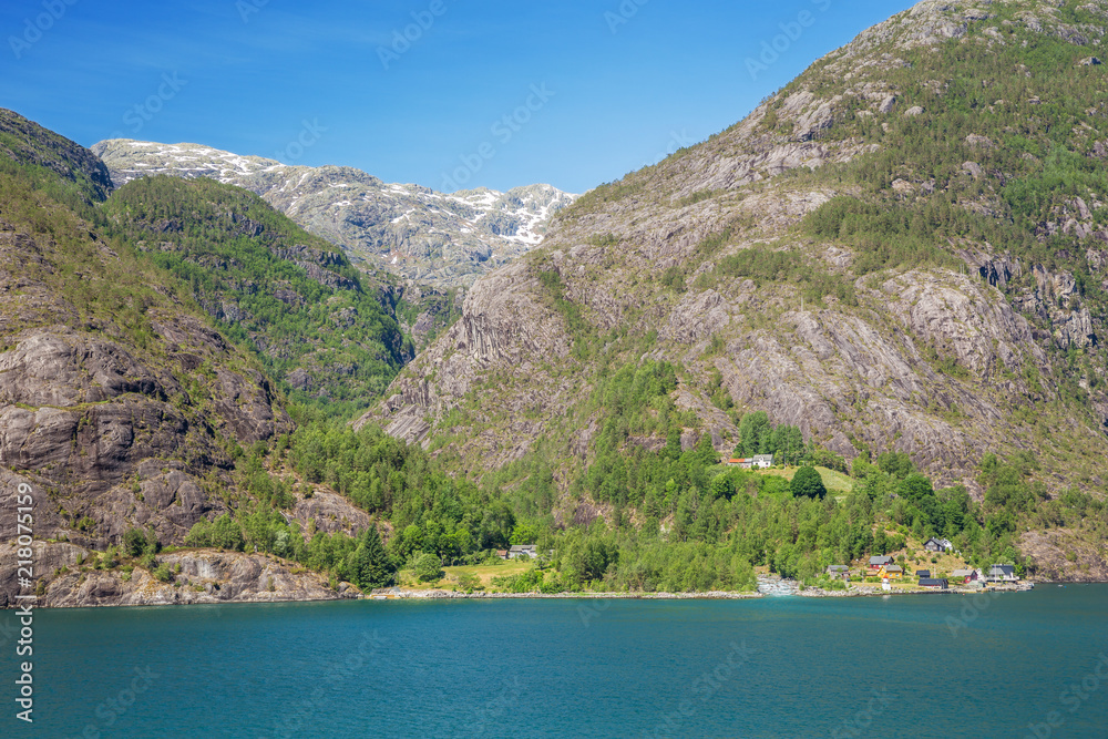 Looking at the opposite side of the Akrafjorden from the spot where the Langfossen flows into the fjord