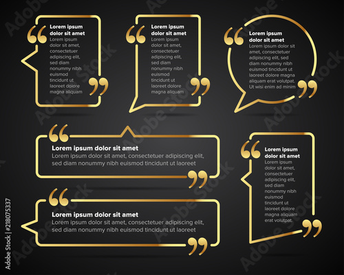 Golden Quote blank templates. Quote bubble. Empty template. Circle business card template, paper sheet, information, text. Print design. Quote form. Template vector set on black background