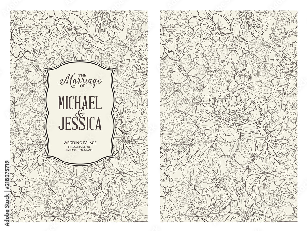 Obraz premium Marriage card with flowers. Blossom design for you personal cover. Wedding Peony pattern. Floral theme for book cover. Botanical texture illustration in style of engraving. Vector illustration.
