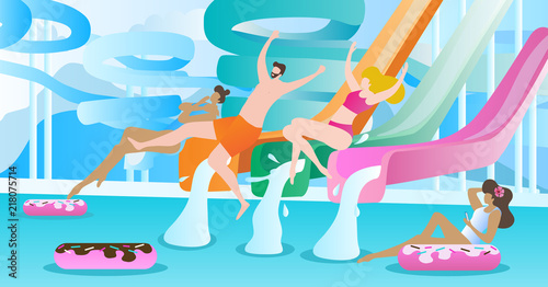 Water slide vector illustration. Swimming pool with pipe and tube park to slide down. Entertainment and outdoor activity in travel, vacation or holiday. Inflatable donuts