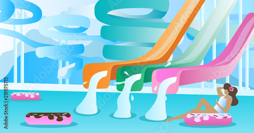 Water slide vector illustration. Swimming pool with pipe and tube park to slide down. Free blank space to enter your own text on background. Inflatable donuts for holiday