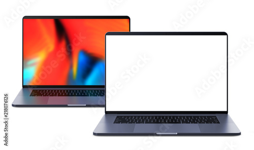 Laptops with blank screen isolated on white background, white aluminium body.Whole in focus. High detailed.