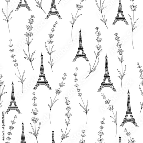 Fabric pattern with lavender flowers and eiffel tower. Seamless background for fabric design. Vector illustration.