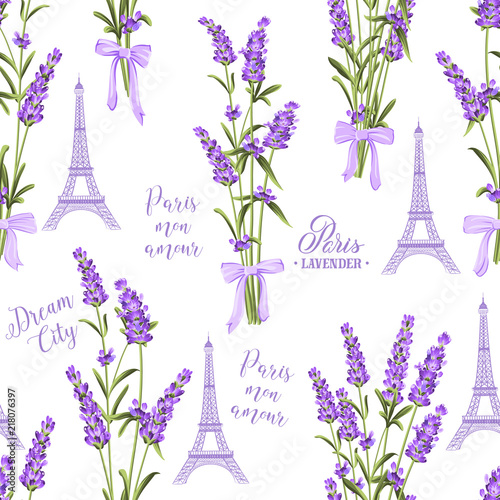 Fabric pattern with lavender flowers and eiffel tower. Seamless background for fabric design. Vector illustration.