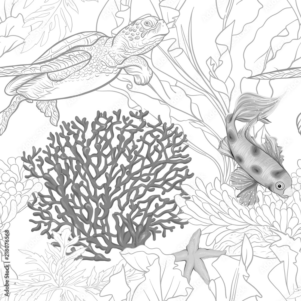 Fototapeta premium Morze świata wzór, tło z ryb, korali i muszli na białym tle. Stockowa ilustracja wektorowa. W monochromatycznej szarości