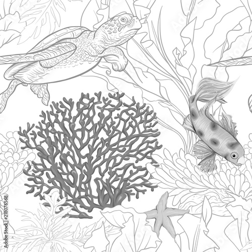 Sea world seamless pattern, background with fish, corals and shells on white background. Stock vector illustration. In monochrome gray colors
