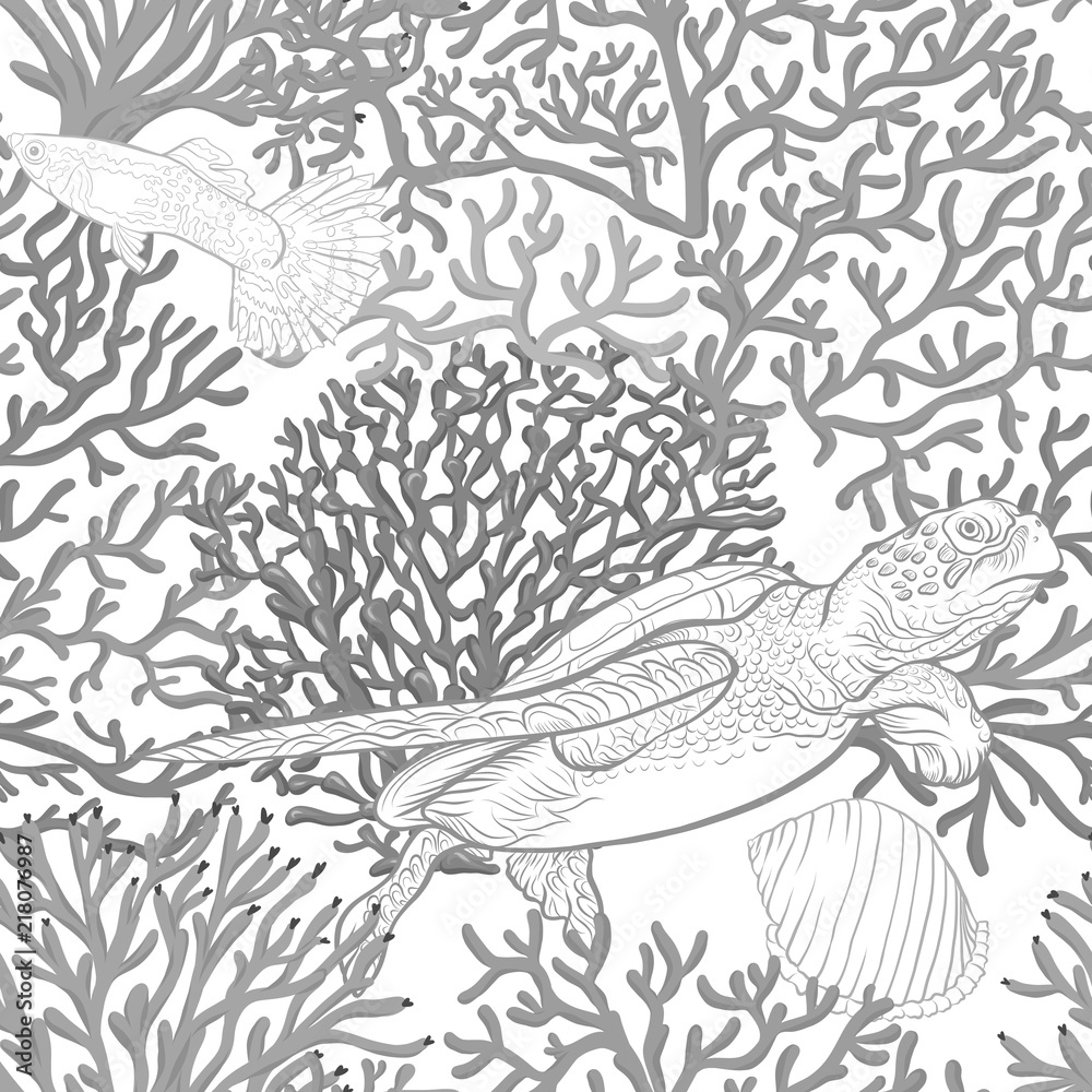 Sea world seamless pattern, background with fish, corals and shells on white background. Stock vector illustration. In monochrome gray colors Sea world seamless pattern, background with fish, corals and shells on white background. Stock vector illustration. In monochrome gray colors