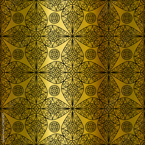 Seamless black pattern on a gold background.