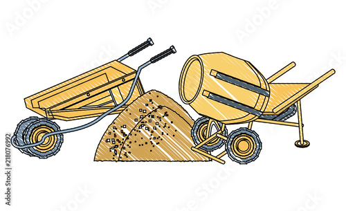 concrete mixer and wheelbarrow icon over white background, vector illustration