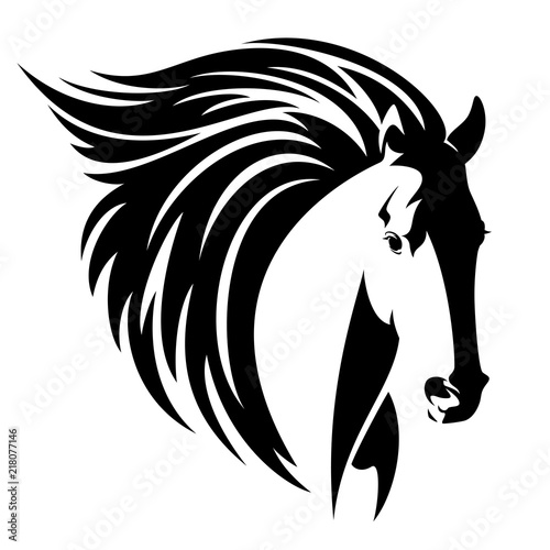 Fototapeta Naklejka Na Ścianę i Meble -  horse head with long flying mane - black and white vector design