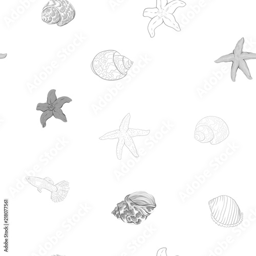 Sea world seamless pattern, background with fish, corals and shells on white background. Stock vector illustration. In monochrome gray colors © Elen  Lane